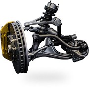 Automotive double wishbone suspension system with a disc brake and yellow caliper on a plain white background. | Smithwest Service Center