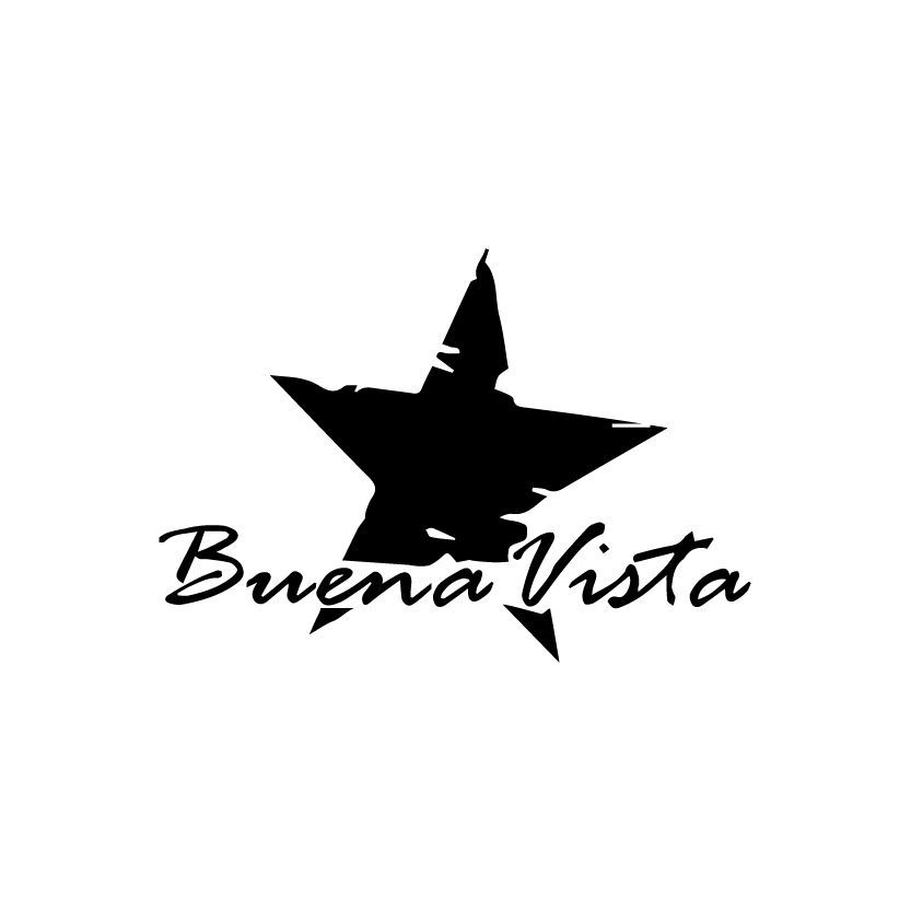 Ein schwarzweißes Logo für Buena Vista mit einem Stern auf weißem Hintergrund.