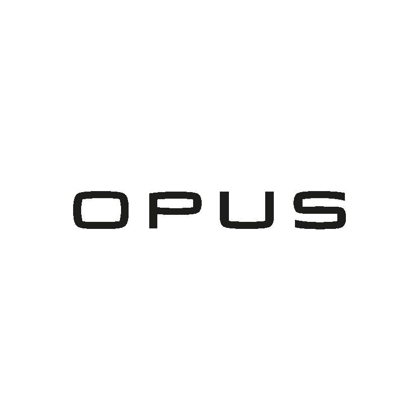 Ein schwarzweißes Logo für Opus auf weißem Hintergrund.