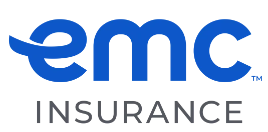 The emc insurance logo is blue and white on a white background.