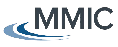 A logo for mmic with a blue swirl on a white background.
