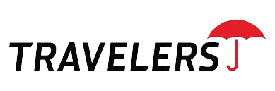 A logo for travelers j with a red umbrella in the middle.