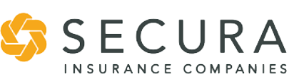The logo for secura insurance companies has a yellow swirl on it.