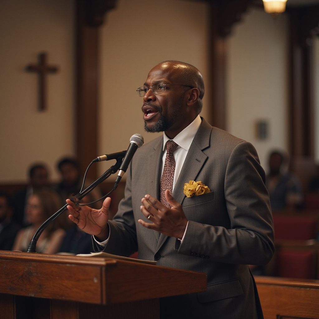 A Black man in a suit speaks at a podium in a church. A cross hangs behind him.