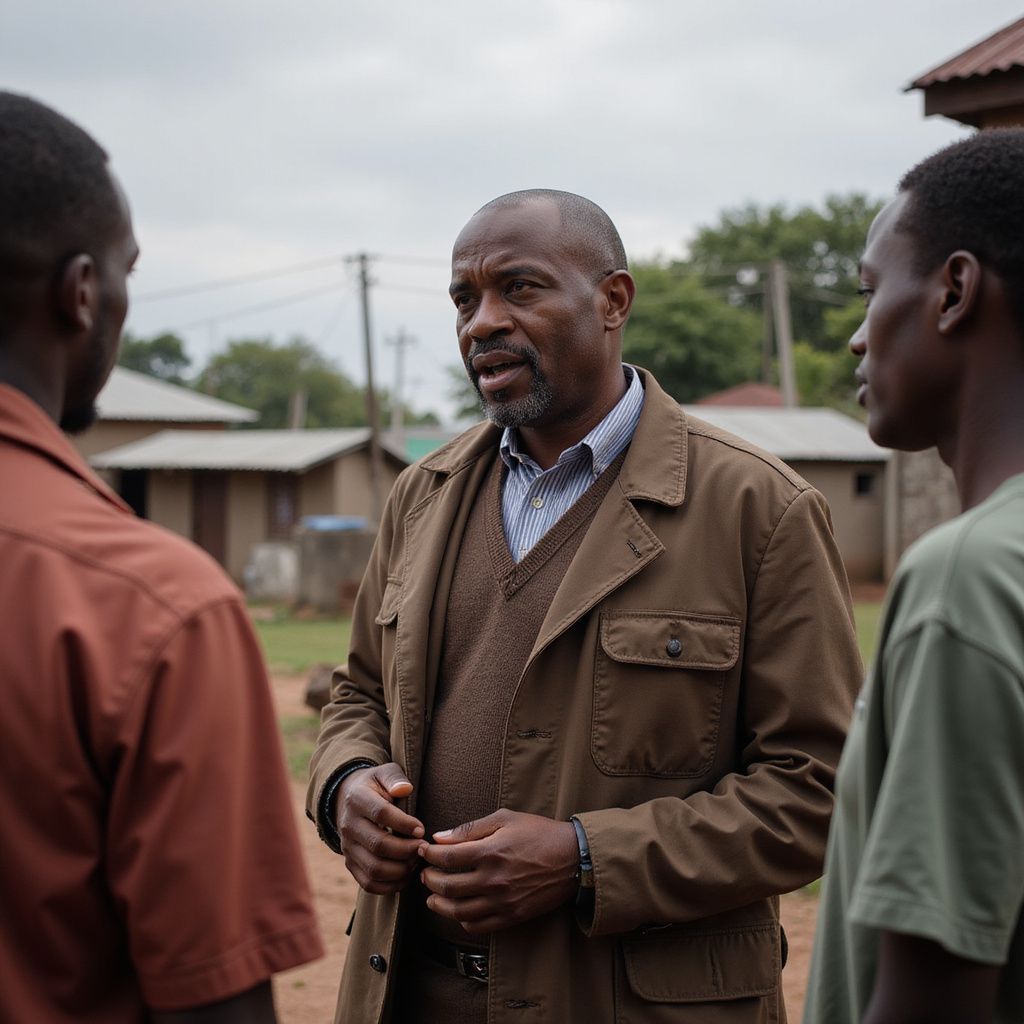 Man in brown jacket talking to two men outdoors, in a village setting.
