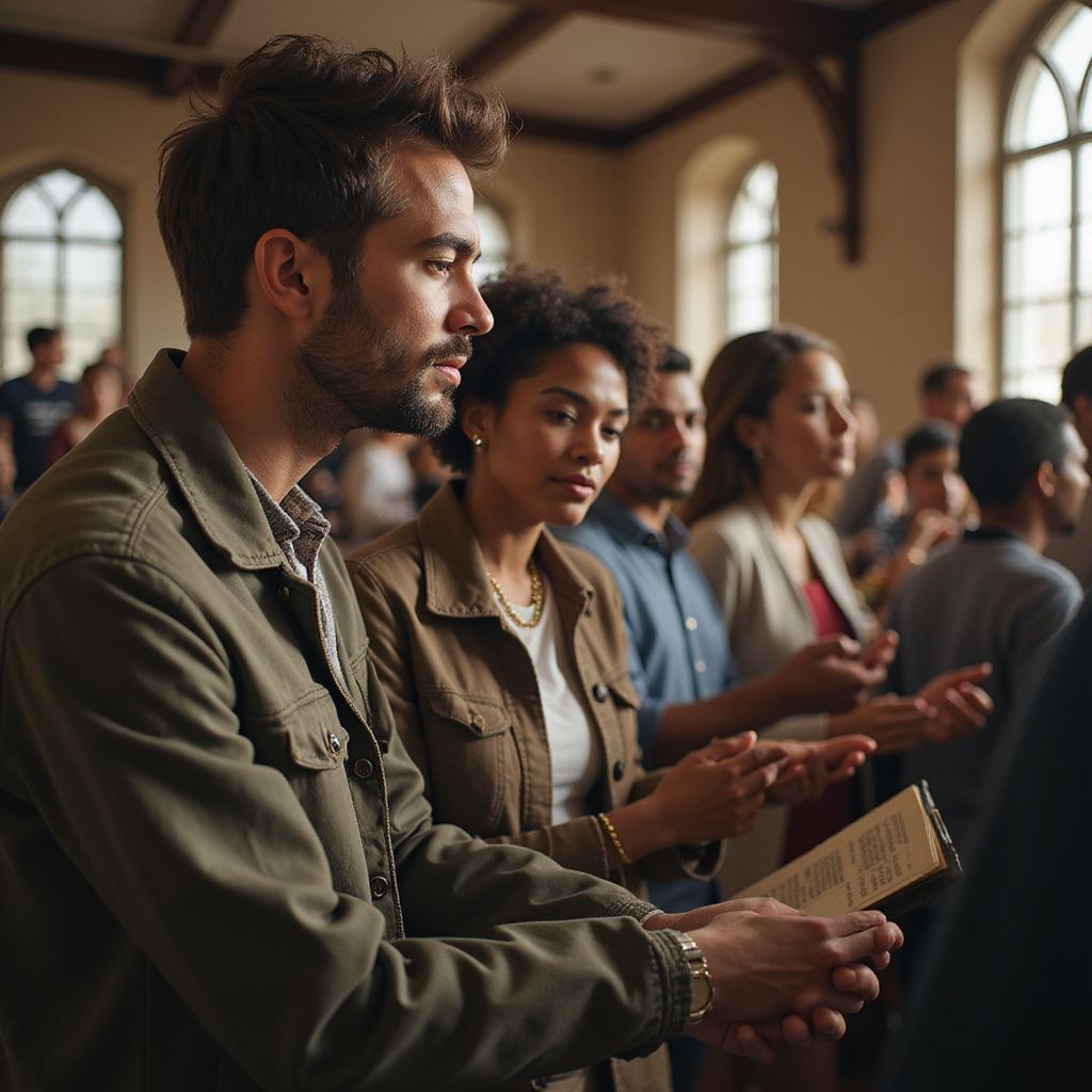 People in a church service, some praying, with sunlight streaming through arched windows.