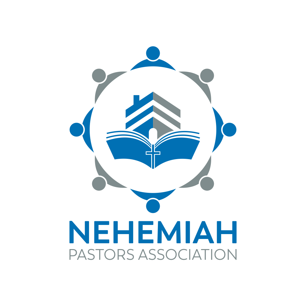 Logo of Nehemiah Pastors Association. Blue, white, and gray design with open book, house, cross, and people figures.