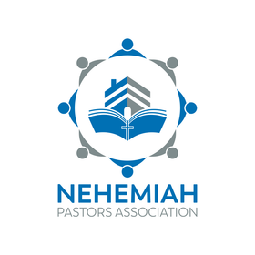 Logo of Nehemiah Pastors Association. Blue, white, and gray design with open book, house, cross, and people figures.