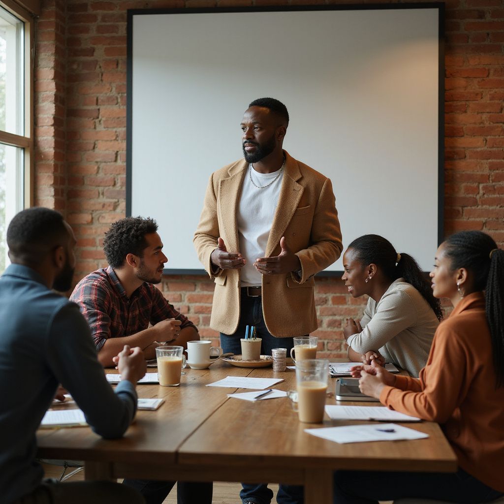 Man in a tan blazer leads a meeting, speaking to diverse colleagues seated around a wooden table in a brick-walled room.