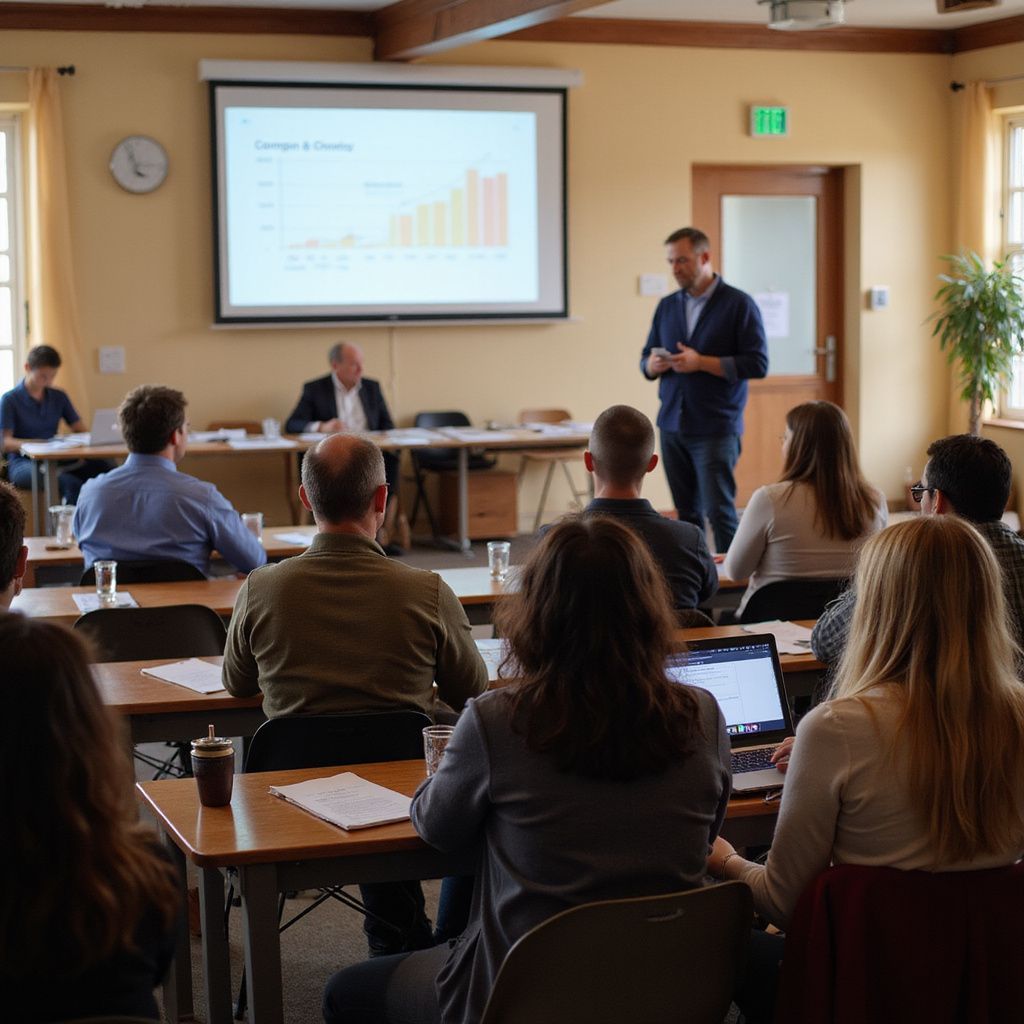A man presents to a group in a classroom. A graph is on the screen.