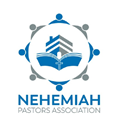 Logo of Nehemiah Pastors Association. Blue, white, and gray design with open book, house, cross, and people figures.