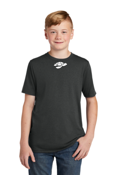 Boy wearing a dark gray t-shirt with a small white logo, posing in front of a white background.