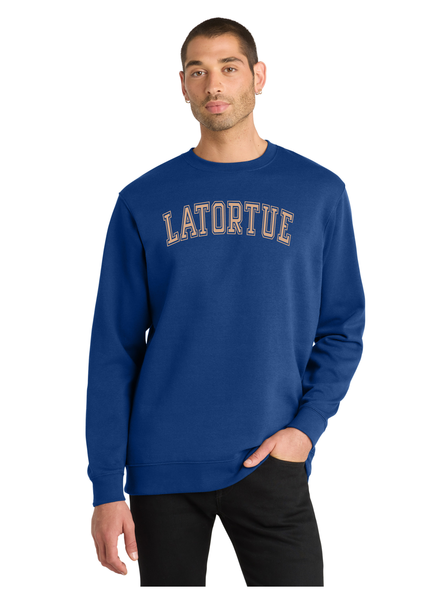 Man wearing a blue sweatshirt with 