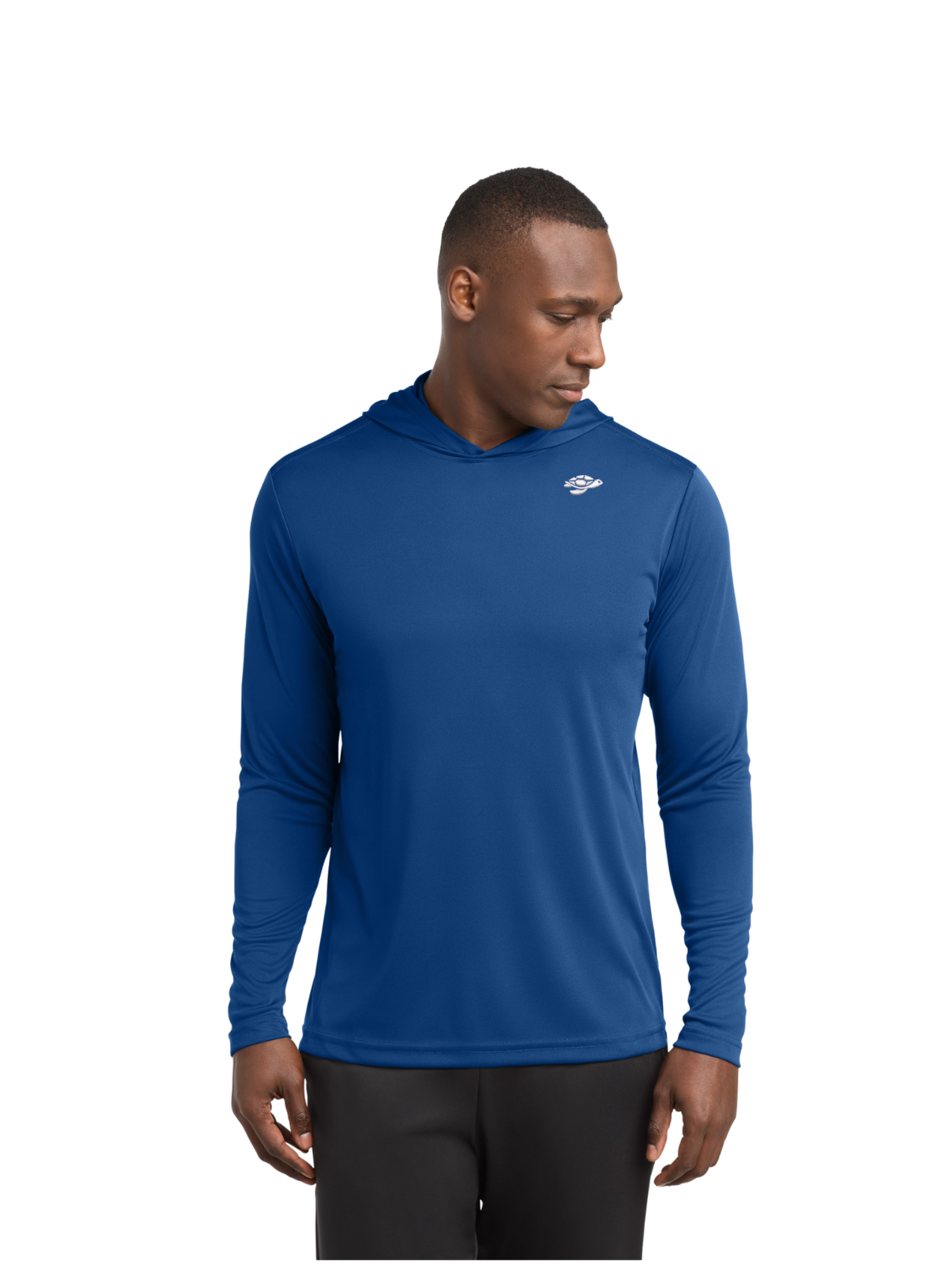 Man wearing blue hooded shirt.