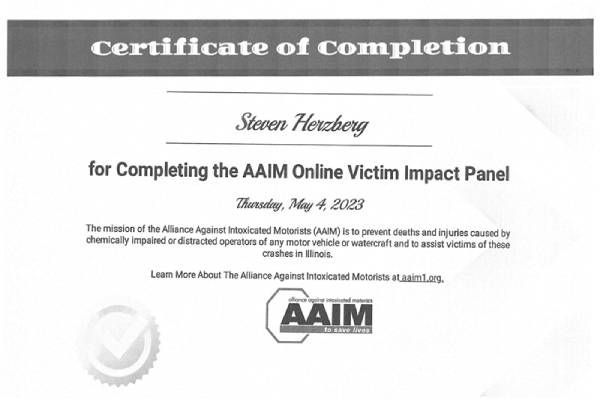 Certificate of Completion for Steven Herzberg, AAIM Online Victim Impact Panel, May 4, 2023.