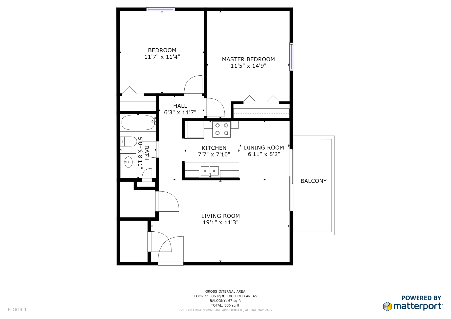 2 Bed / 1 Bath floorplan