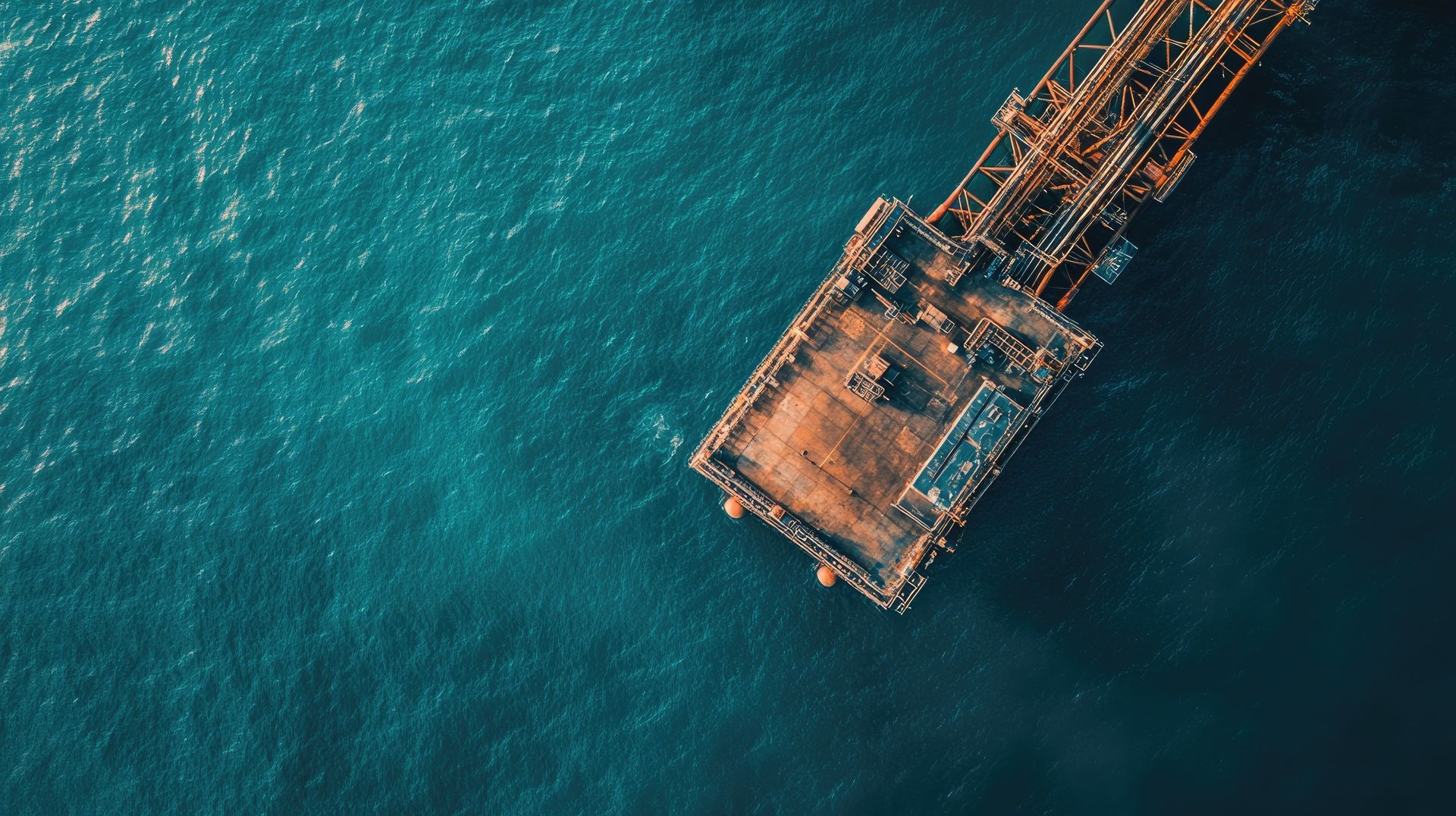 Aerial view of a weathered pier extending into turquoise ocean water.