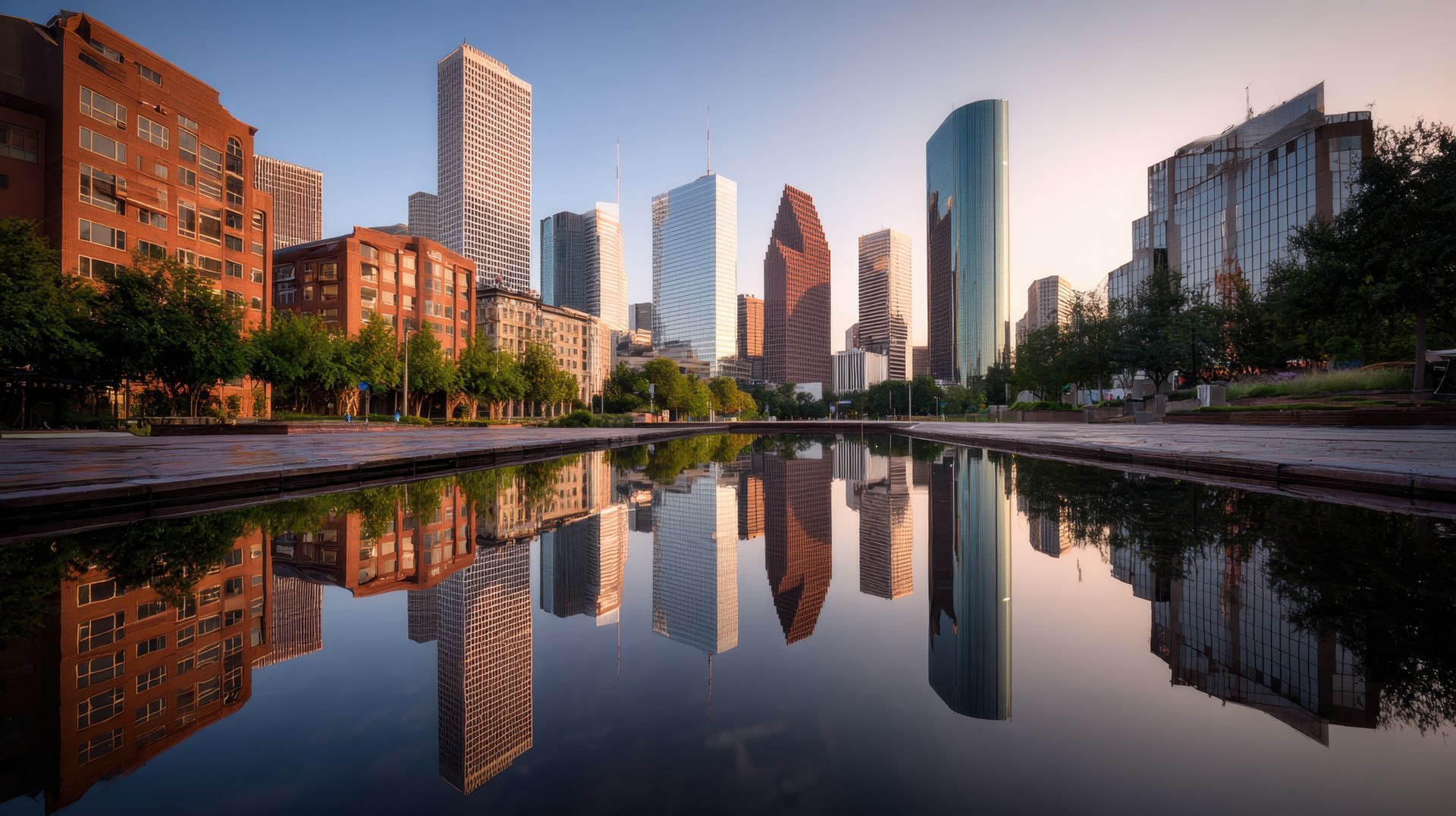 City skyline reflecting in water under a clear sky. Tall buildings of various colors dominate the view.