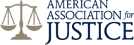 The logo for the american association for justice has a scale of justice on it.