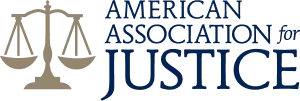 The logo for the american association for justice has a scale of justice on it.