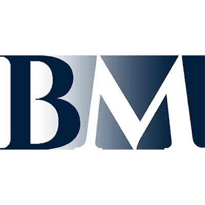 A blue and white bm logo on a white background