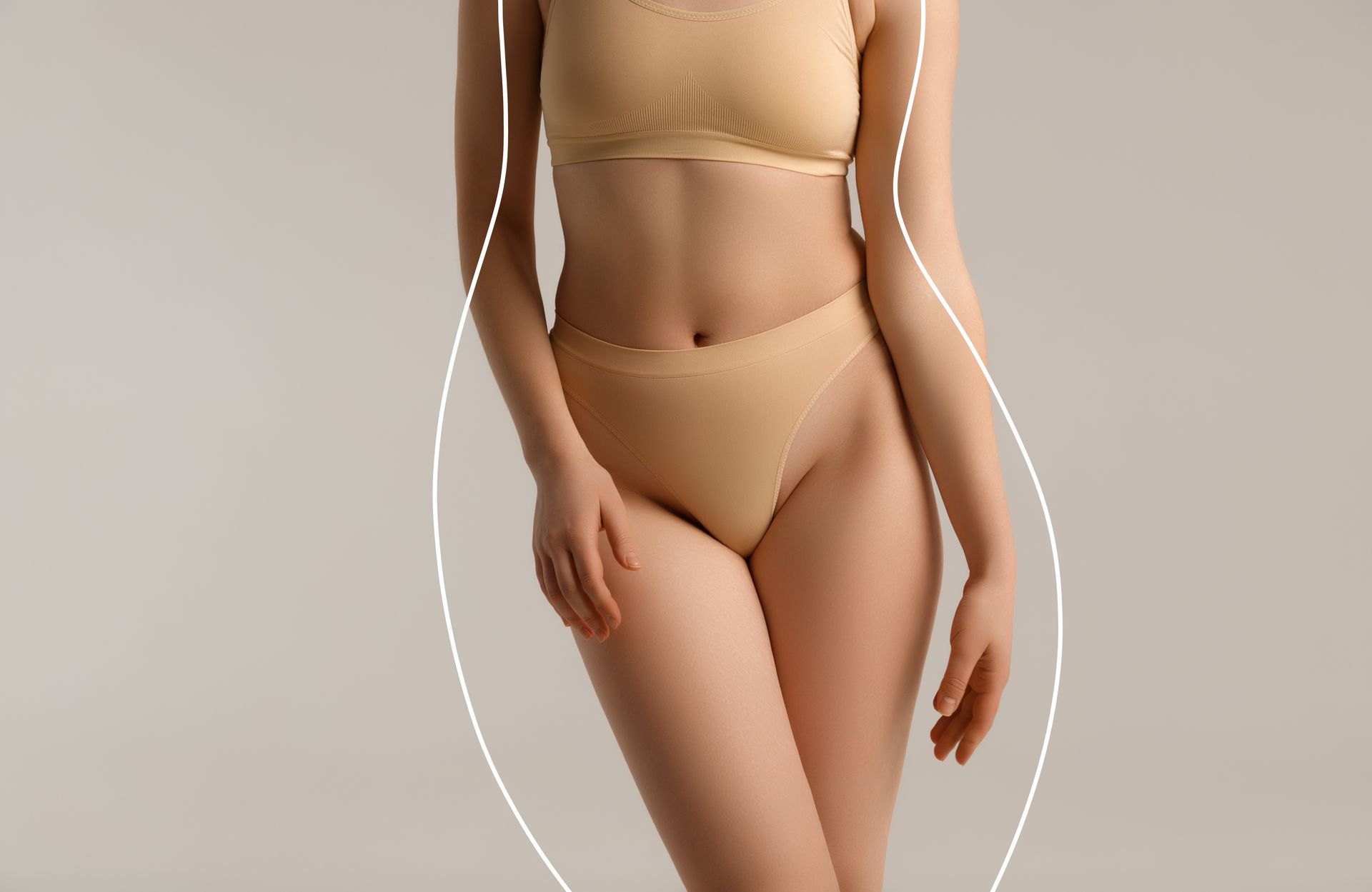 Woman in beige lingerie, posed, with outline highlighting the body's curves.