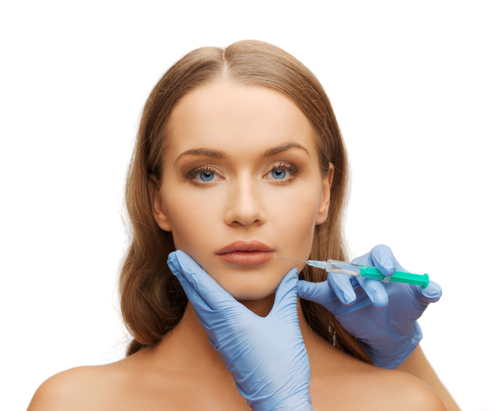 A woman is getting a botox injection in her face.