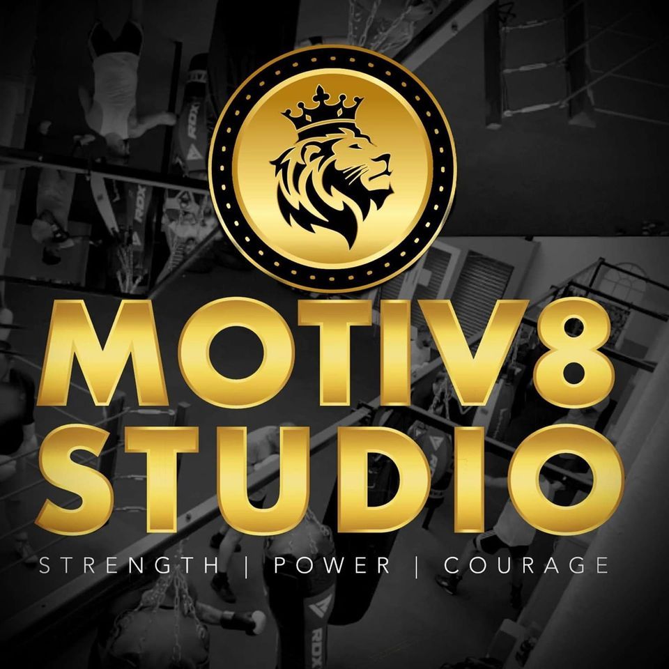 A logo for motiv8 studio with a lion on it