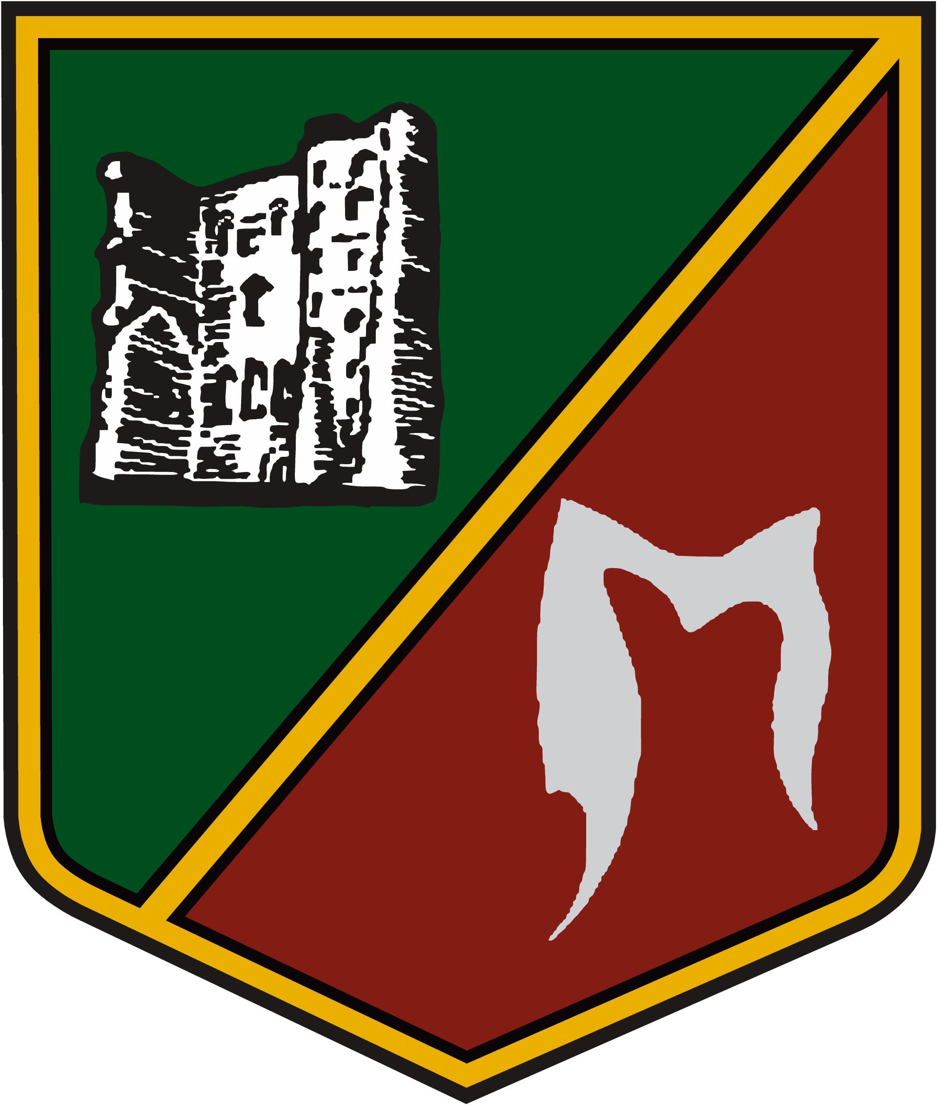 A shield with a castle and a letter m on it