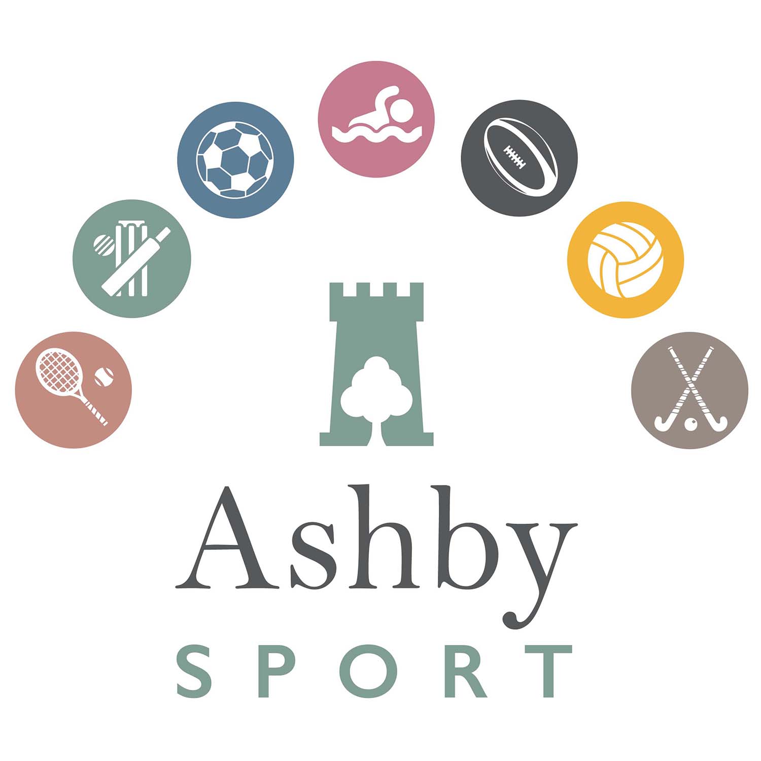The logo for ashby sport has a castle in the middle of a circle of sports icons.