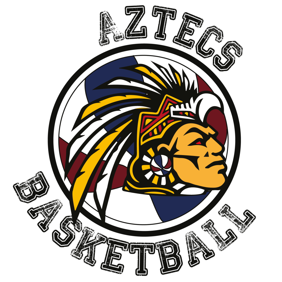 A logo for the aztecs basketball team with a native american in a circle.