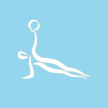 A white silhouette of a person doing a yoga pose on a blue background.