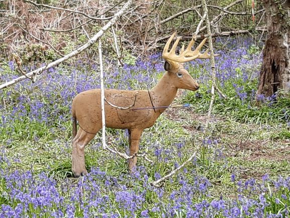 A deer statue is standing in a field of bluebells.