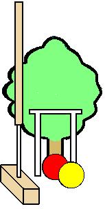 A cartoon drawing of a croquet set with a tree in the background.