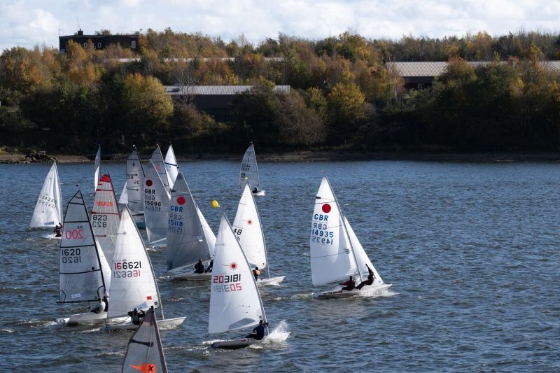 A group of sailboats are racing on a lake.