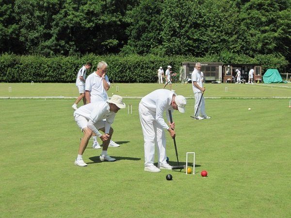A group of people are playing croquet on a lush green field.