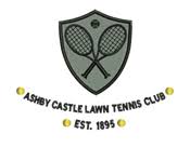 The logo for the ashby castle lawn tennis club is a shield with two tennis rackets on it.