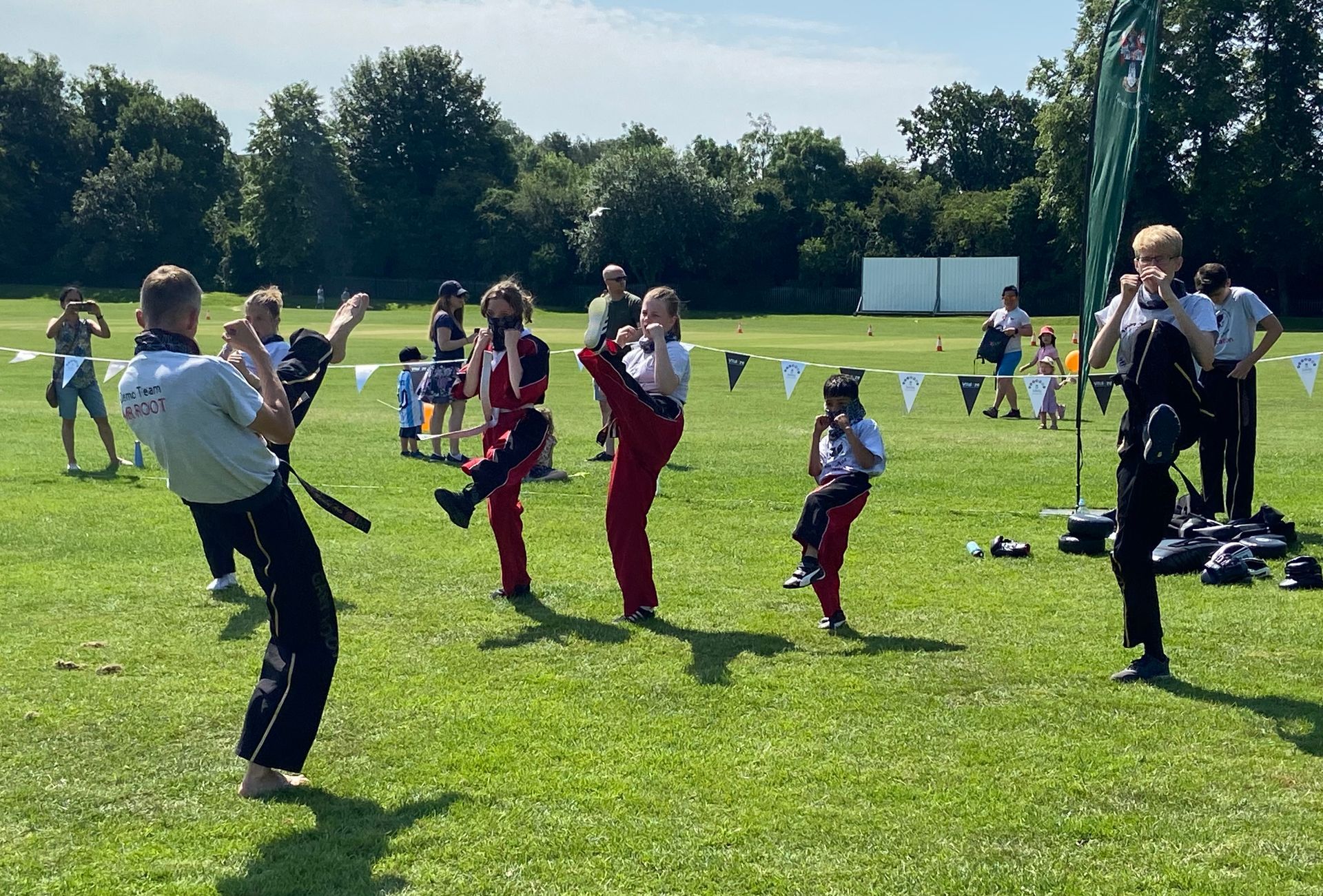 A group of people are practicing martial arts in a field.
