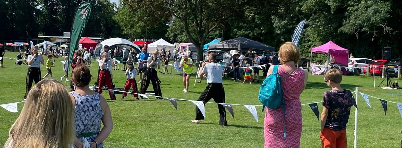A group of people are standing in a grassy field at a festival.