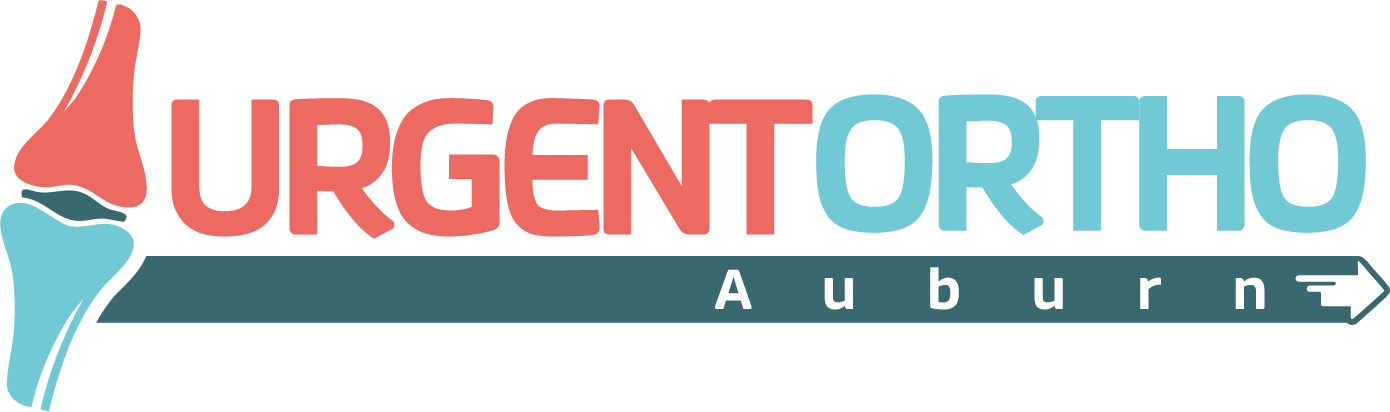 Logo for Urgent Ortho in Auburn. Features a knee joint graphic, red 