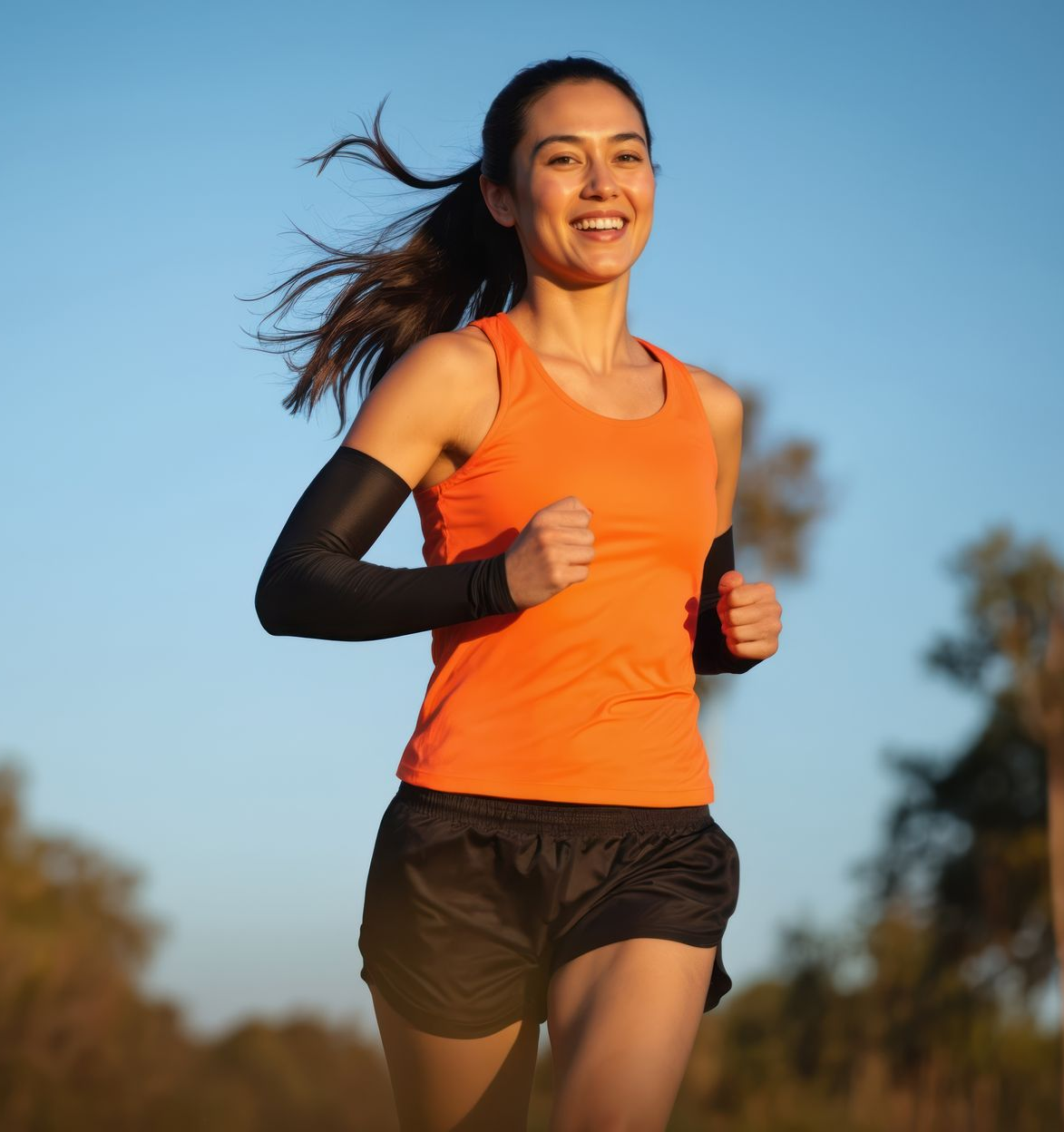 Woman running outdoors in orange top, black shorts; smiling, sunny.