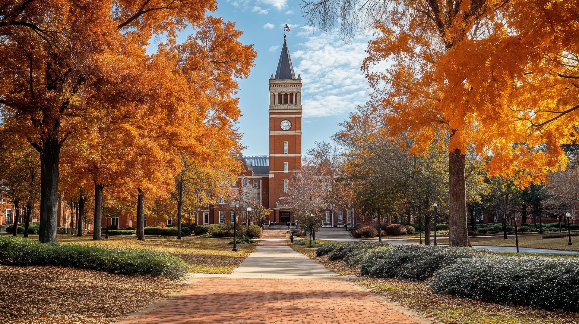 Brick path leading to a tall clock tower surrounded by trees with vibrant fall foliage.