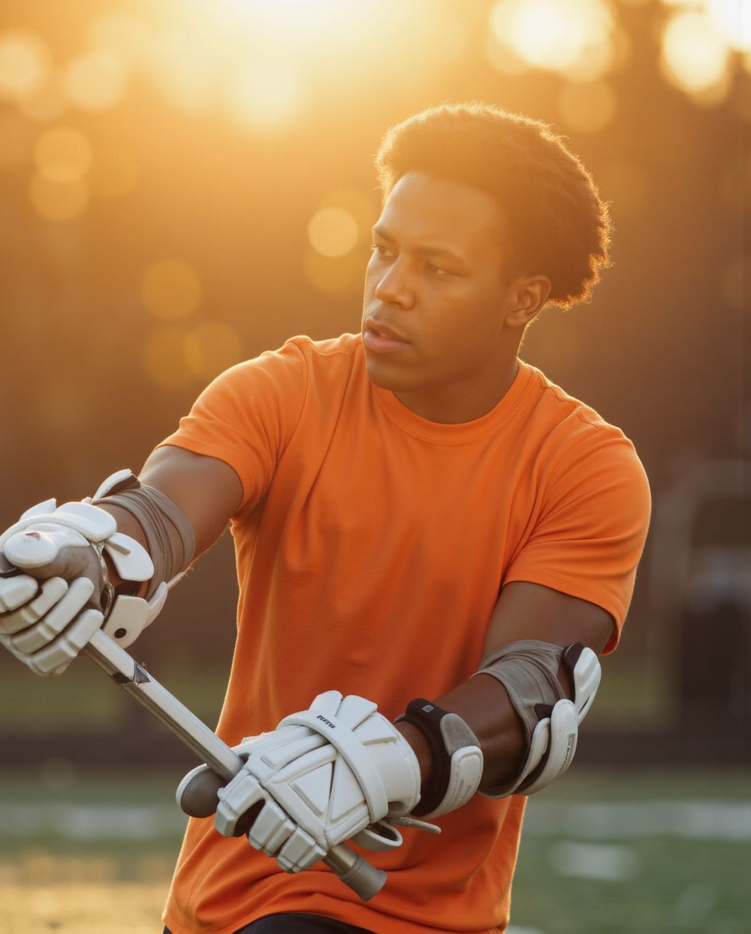 Lacrosse player in orange shirt prepares to shoot, sunlight in background.