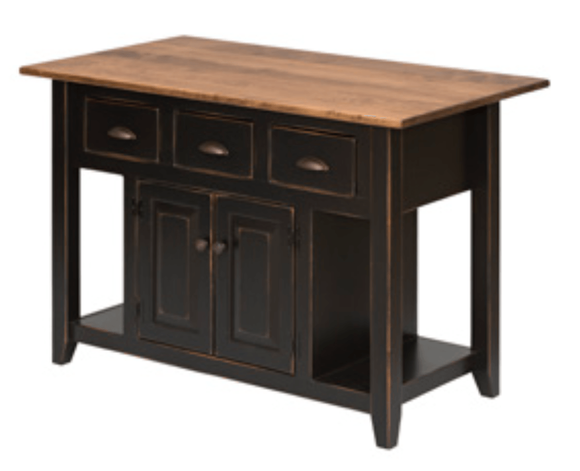 A black table with a wooden top and drawers