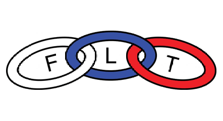 A blue , white and red circle with the letter t on it.