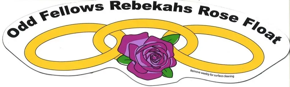 A sticker that says odd fellows rebekahs rose float