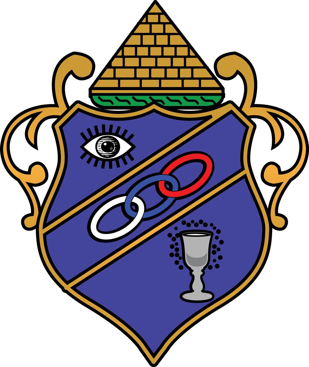 A blue shield with a pyramid on top of it