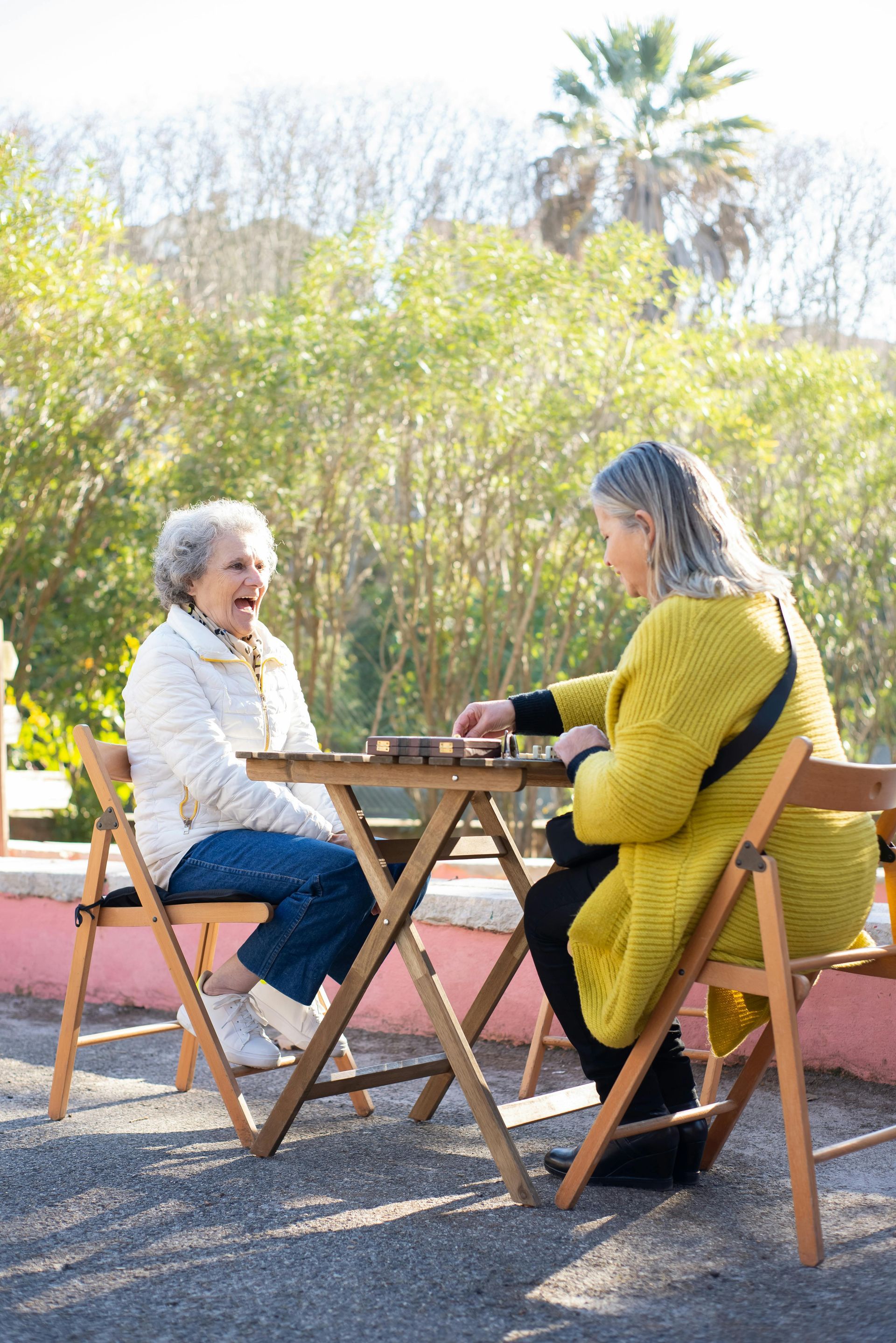 Two women are sitting at a table playing chess.