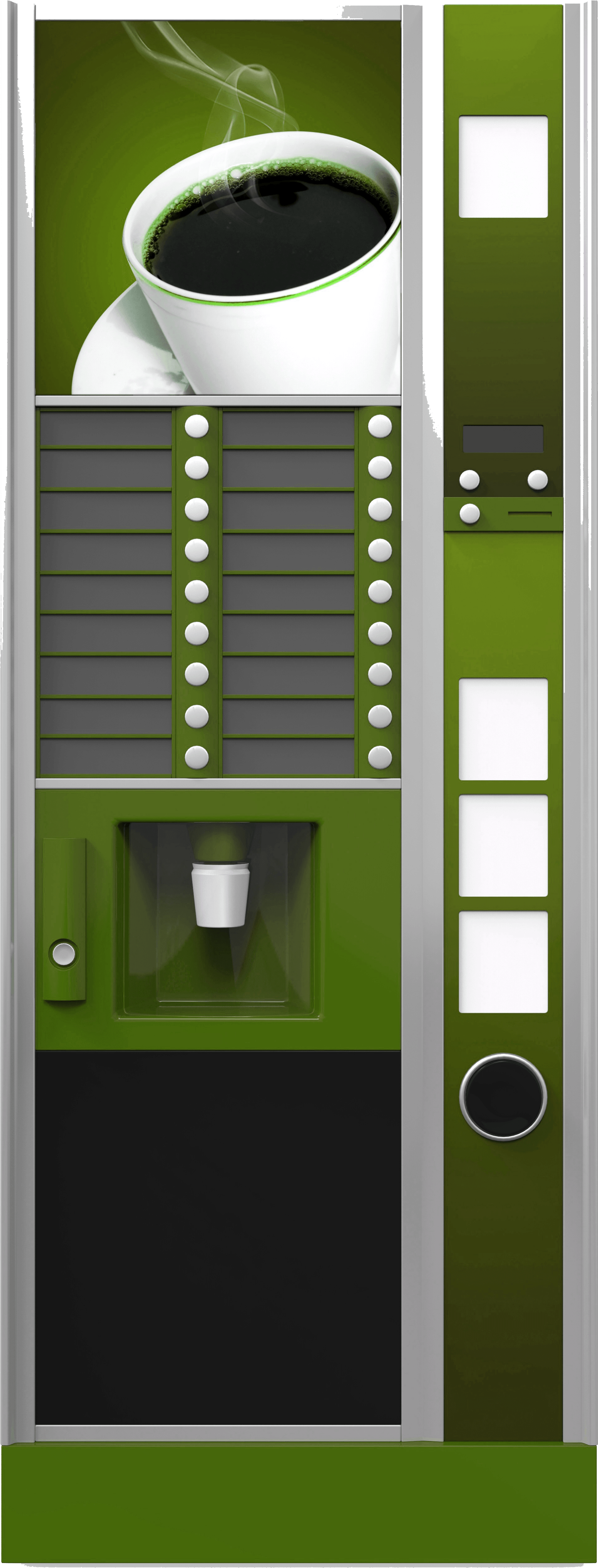 Distributore automatico di caffè verde con dispenser di tazze e pulsanti di selezione