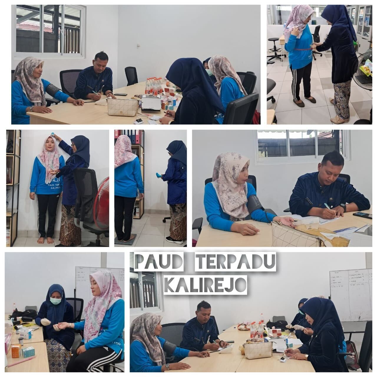 Medical staff taking readings at PAUD Terpadu Kalirejo. People in blue shirts and hijabs participate.